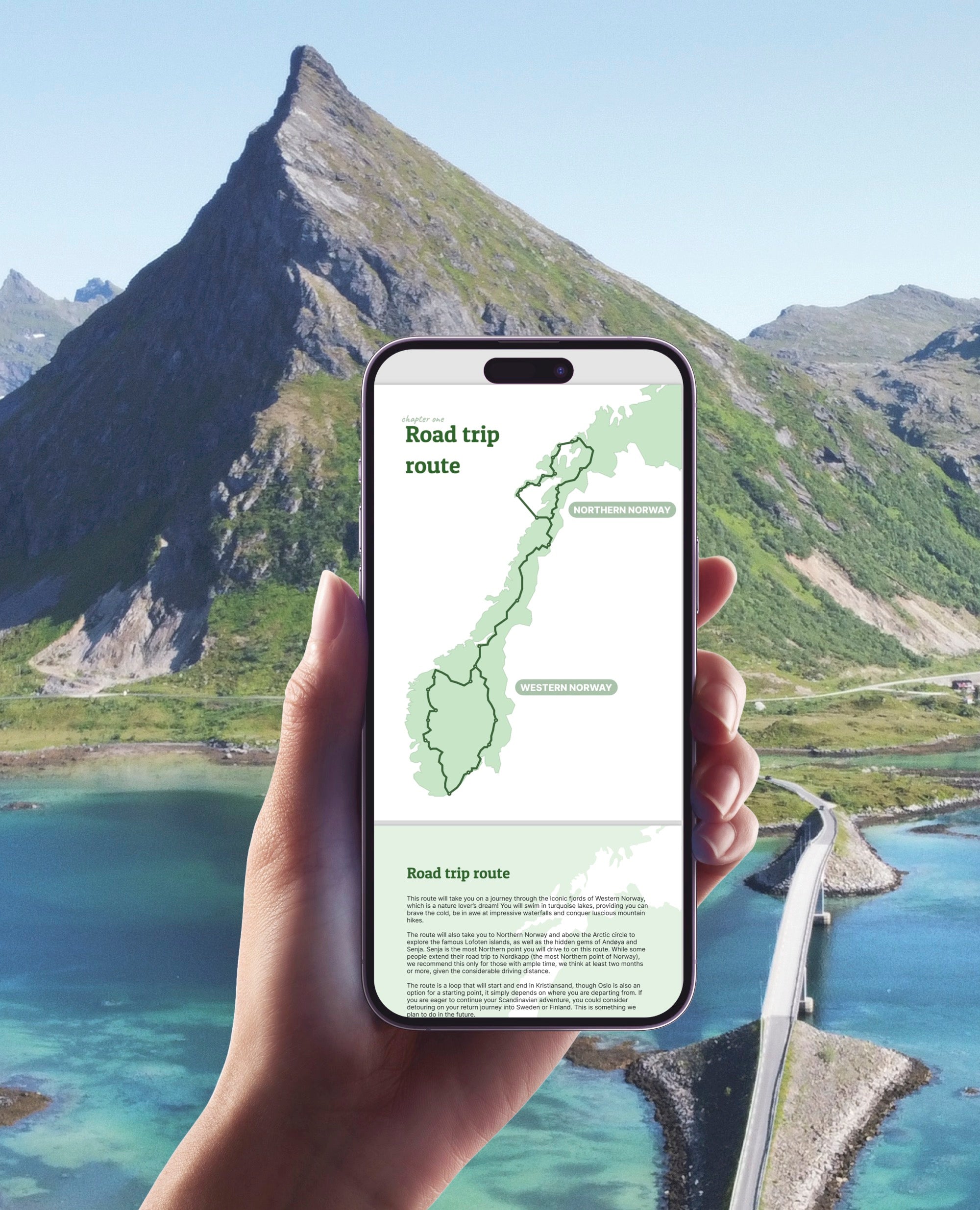 Iphone mockup with screenshot of road trip route through Norway