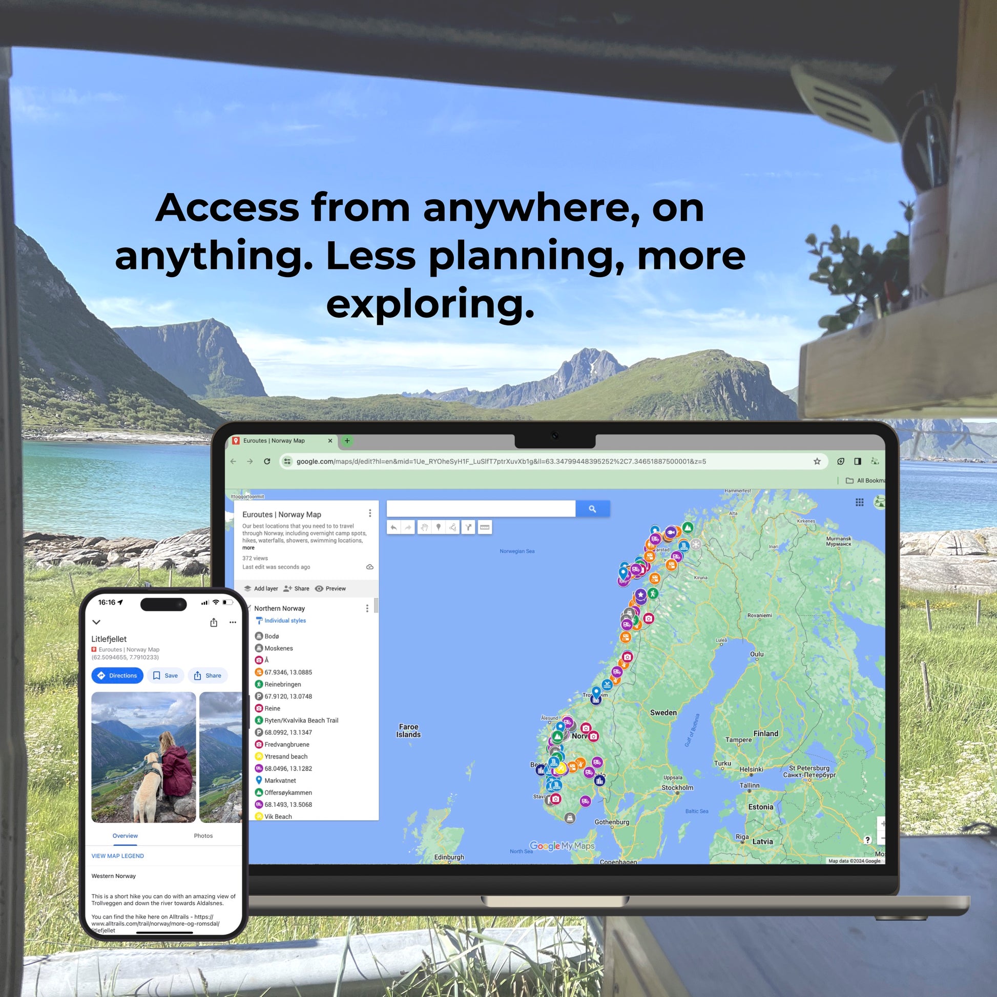 Iphone and laptop mock up of Norway map locations