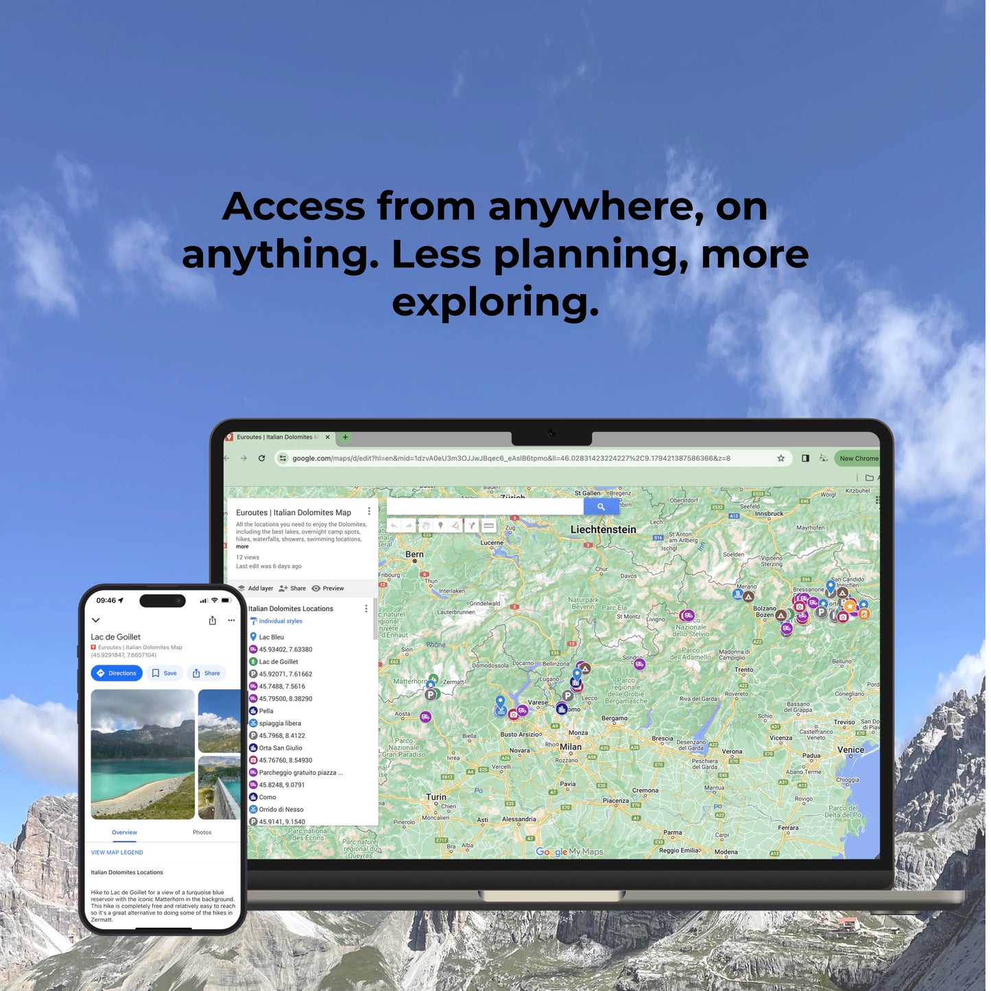 Iphone and laptop mock up demonstrating access of Dolomites map on any device