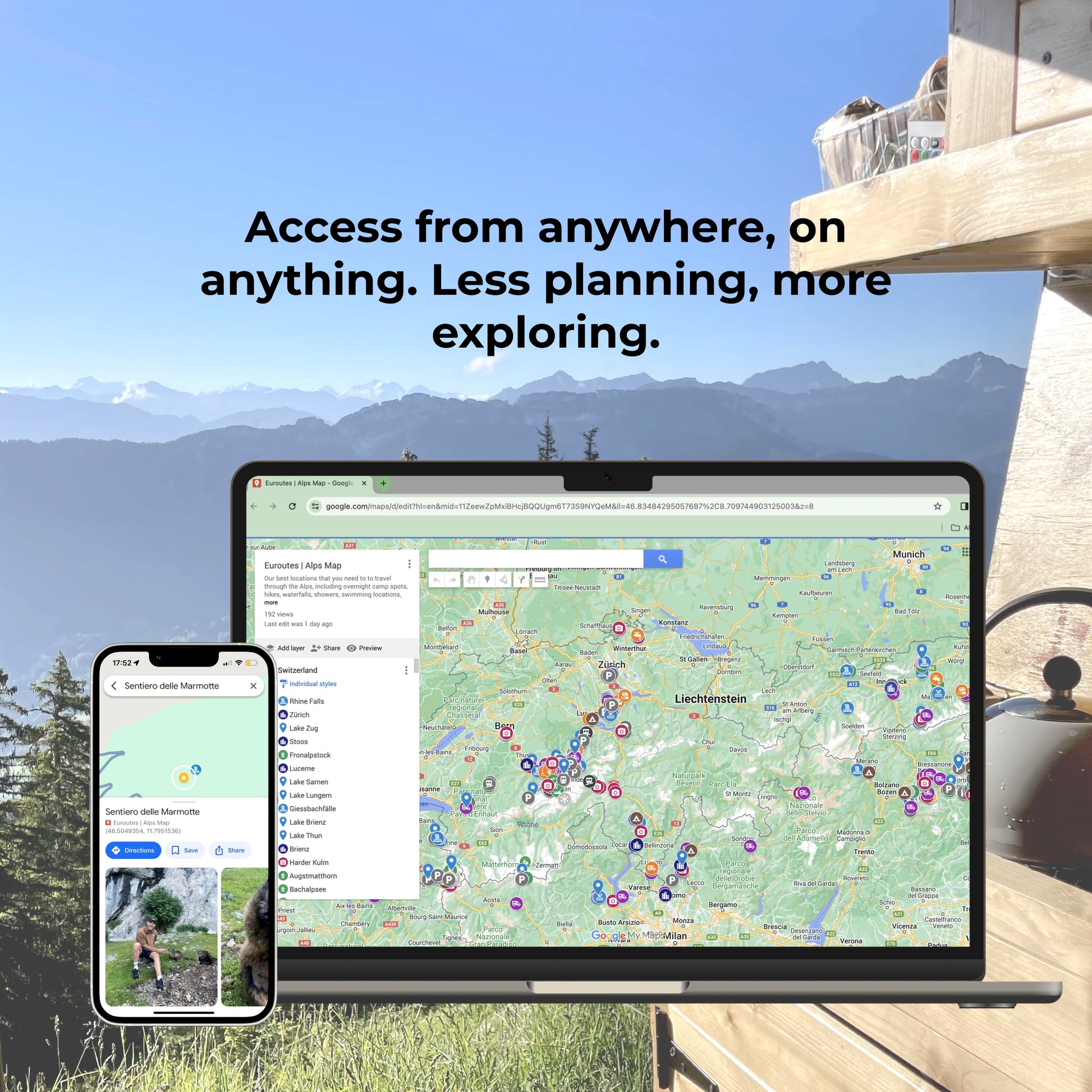 iPhone and laptop mockup of Alps road trip map