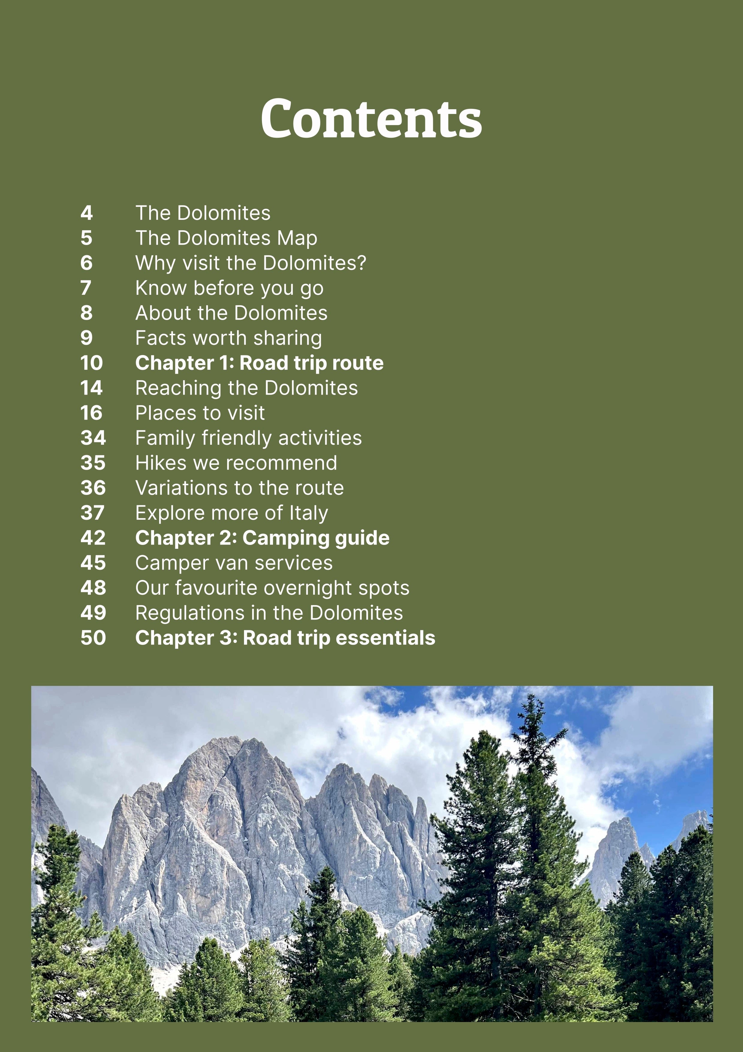 Contents page of Dolomites travel guide