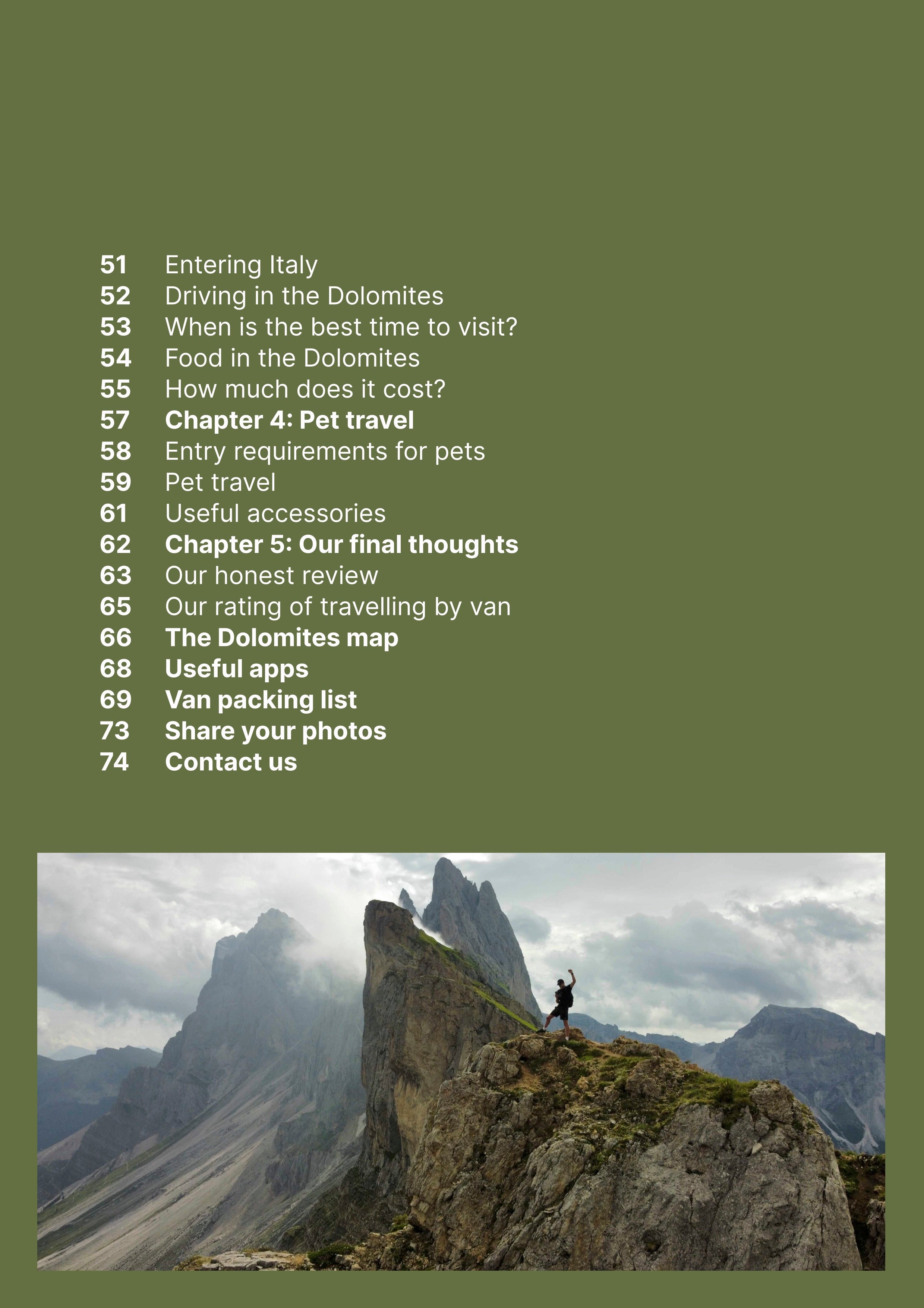 Second Contents page of Dolomites travel guide