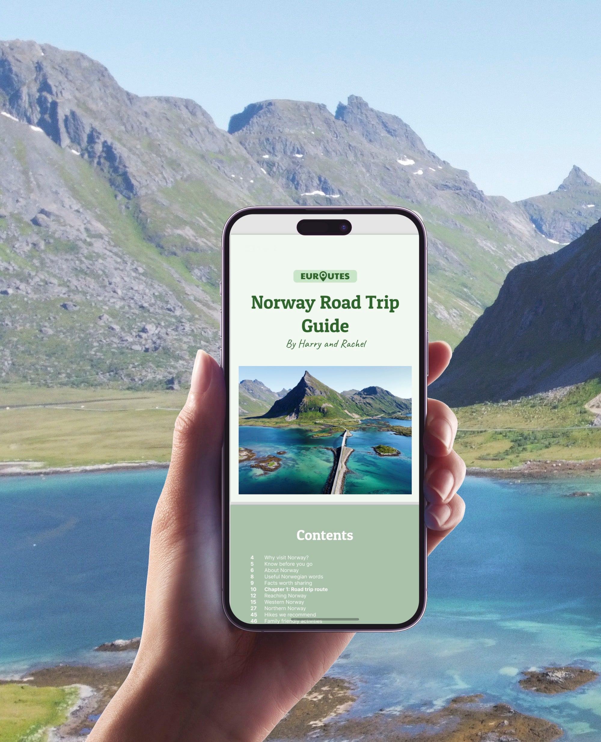 Phone mockup of Norway travel guide PDF