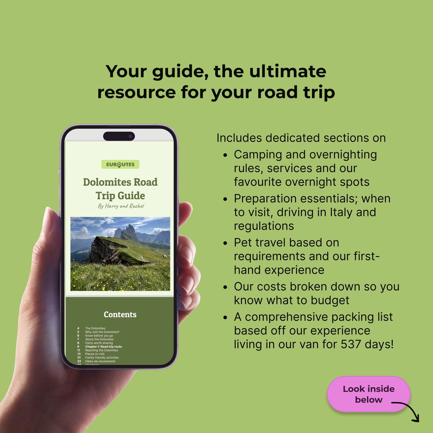 Iphone mock up of Dolomites road trip guide and text outlining features of the guide