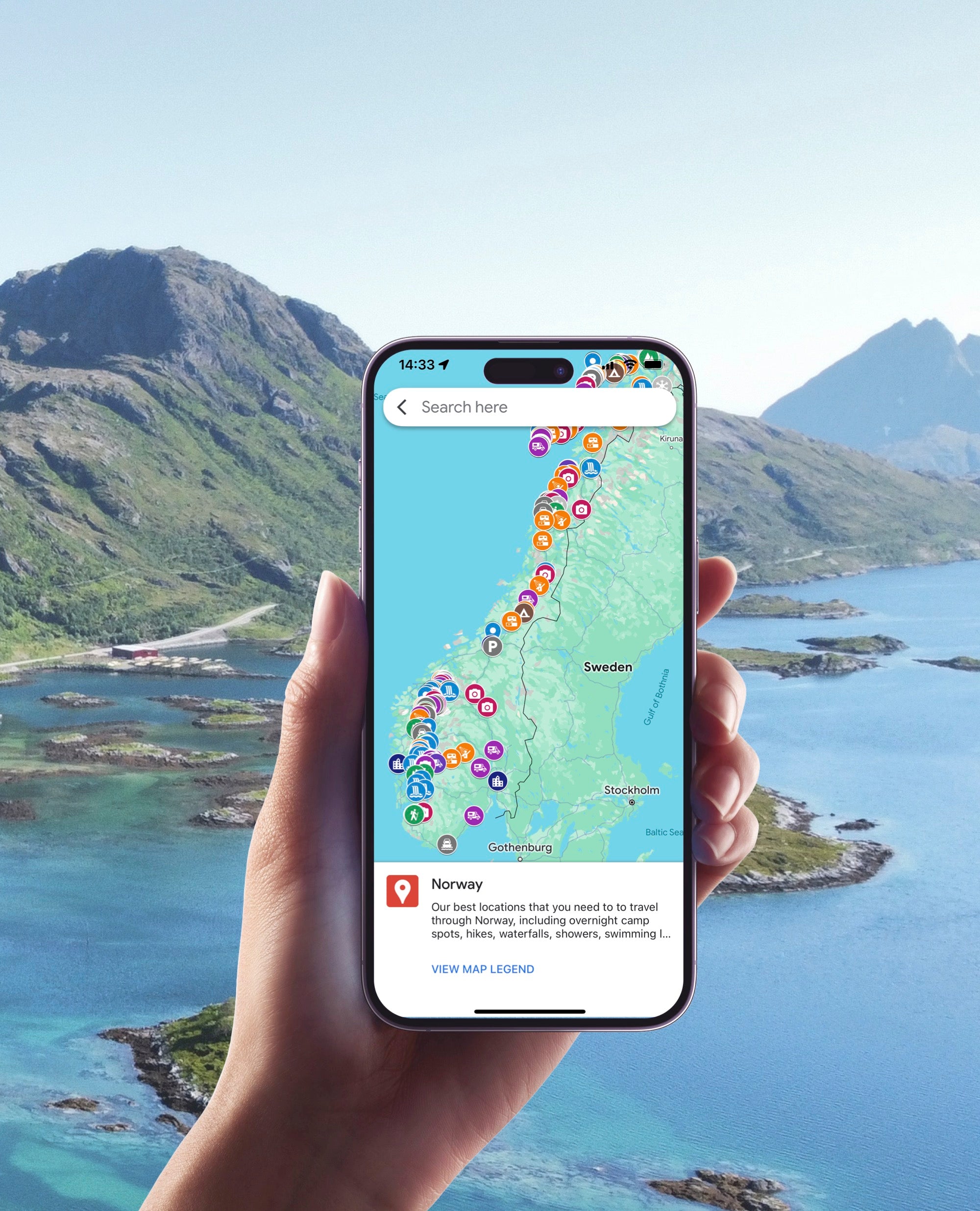 Iphone mockup of Norway google map locations