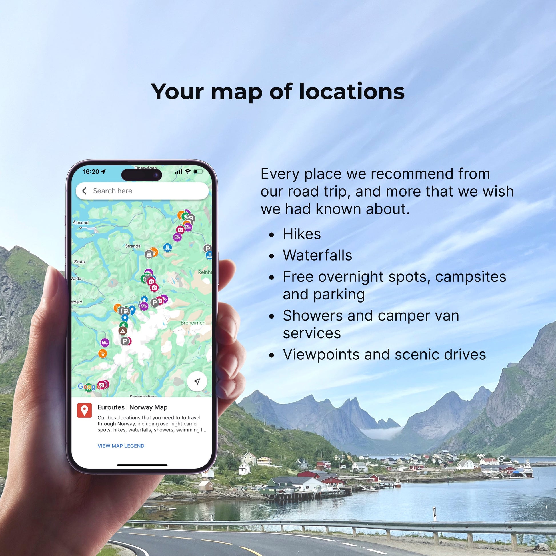 Iphone mockup of Norway map locations