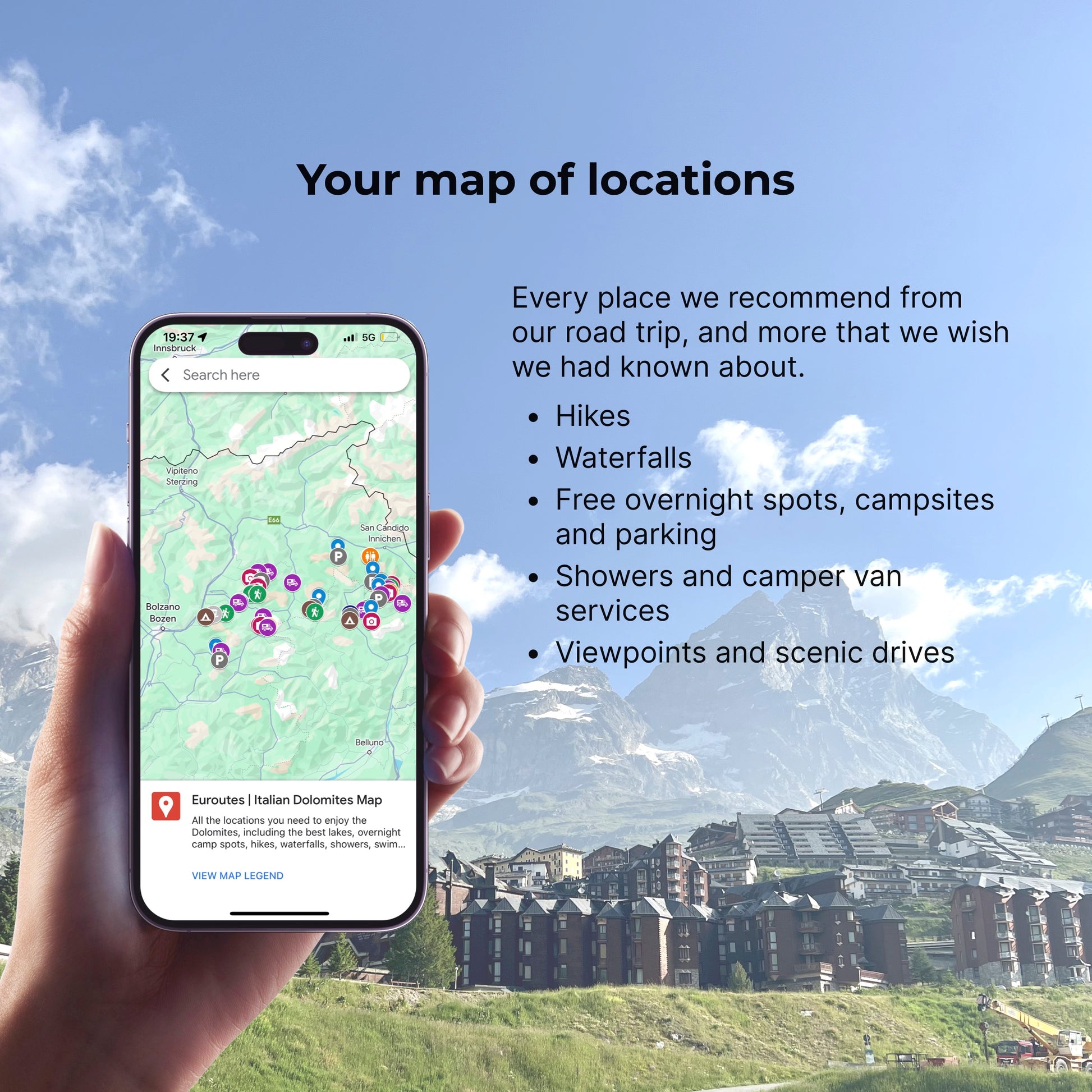 Iphone mock up of Dolomites map of locations