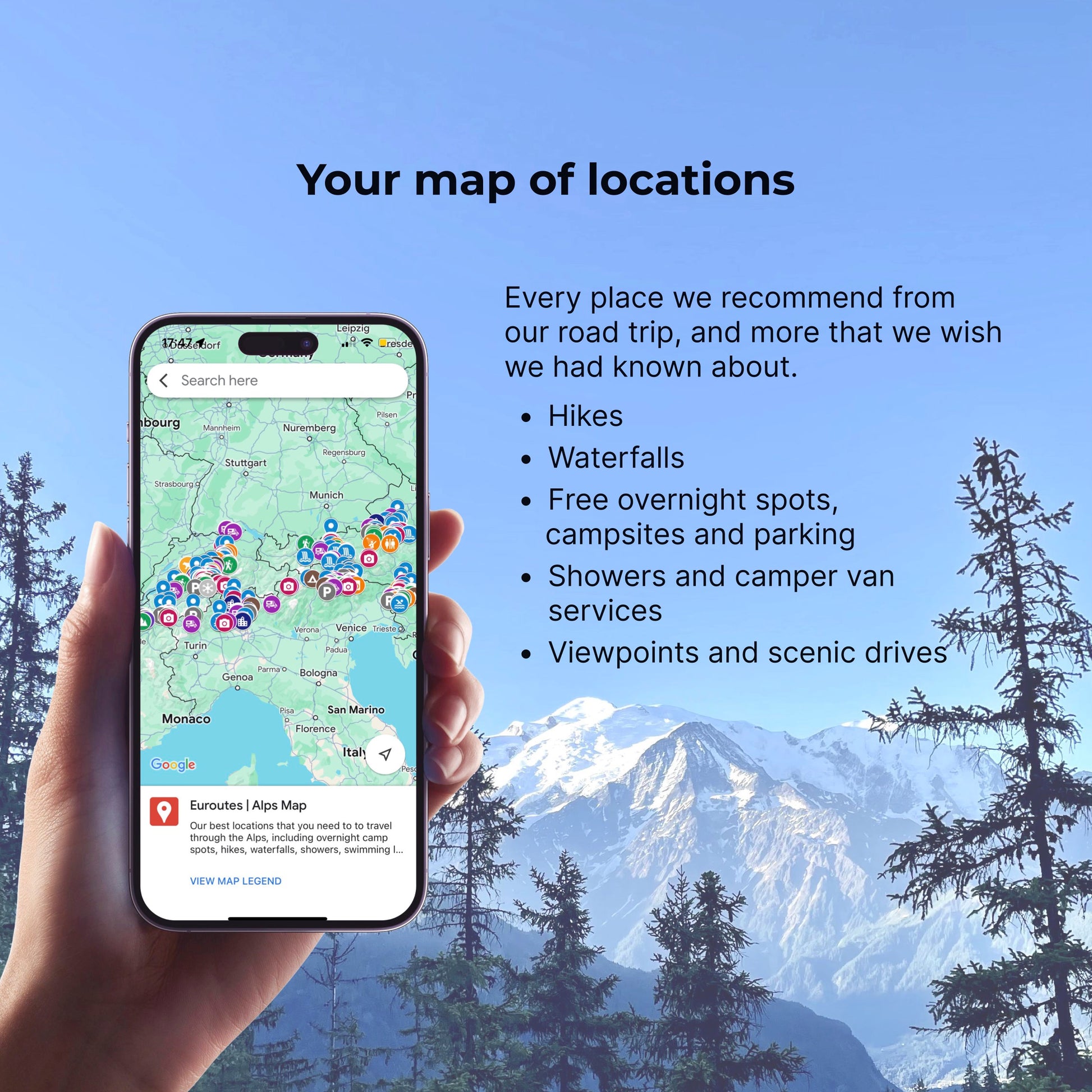 iPhone mockup of Alps road trip map