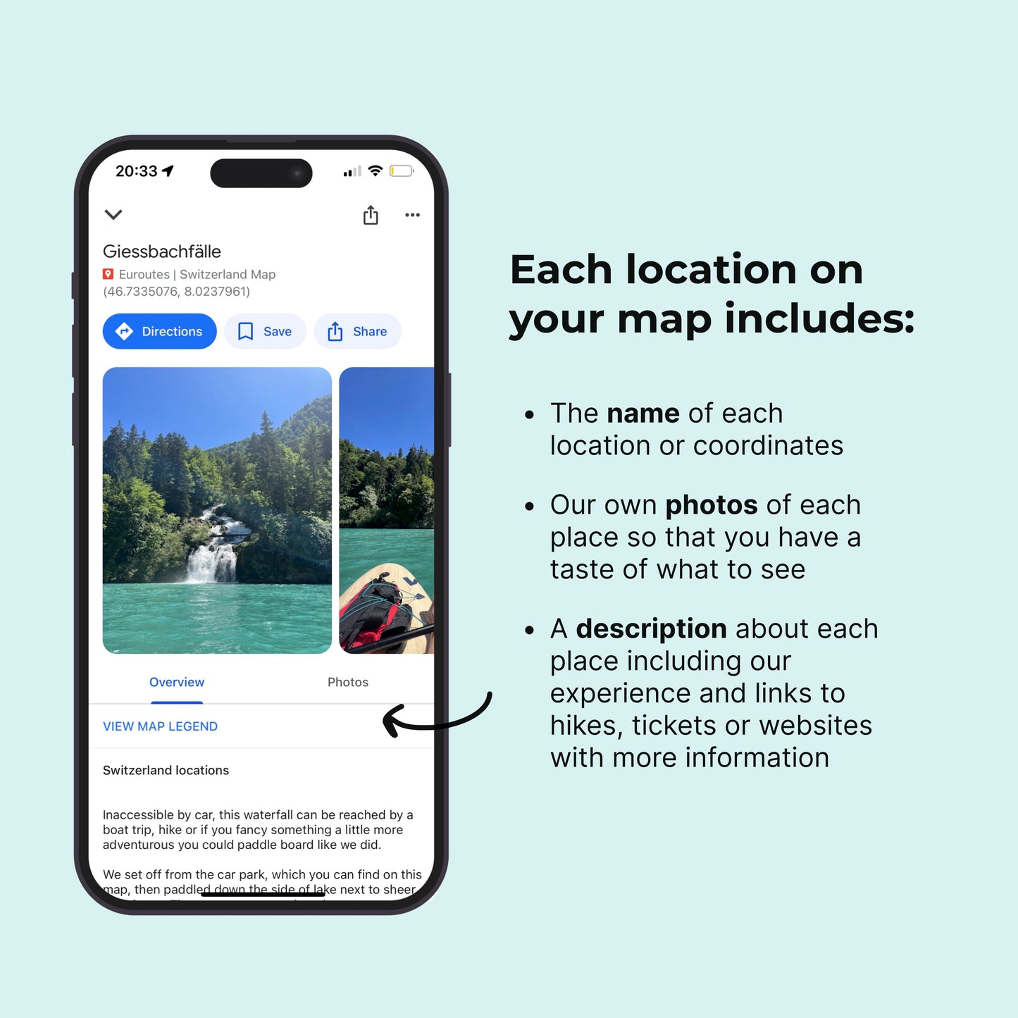 iPhone mockup of detailed Switzerland map locations