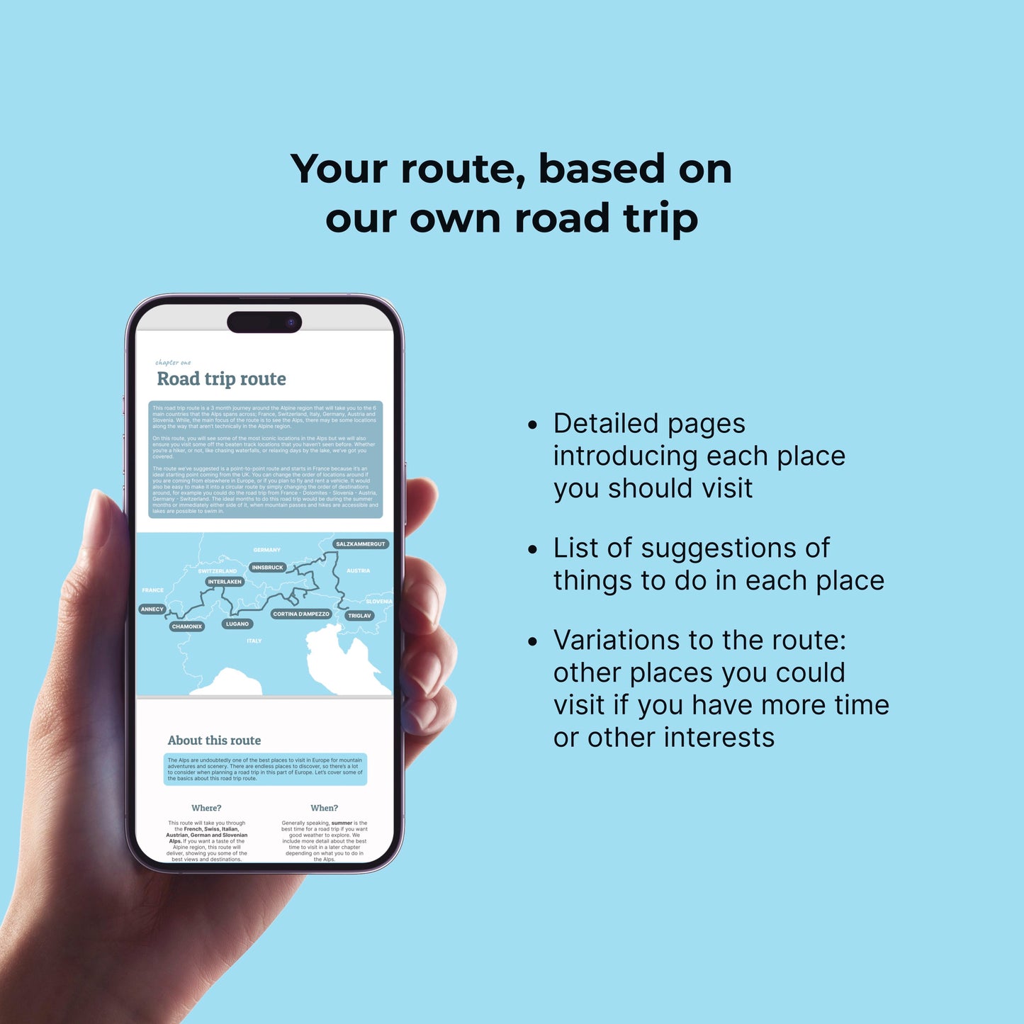 iPhone mockup of Alps road trip route